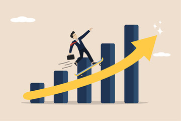 Business growth moving forward, accelerating business growth, increasing business progress, smart businessman company leader riding skateboard rapidly increasing profits graph diagram.