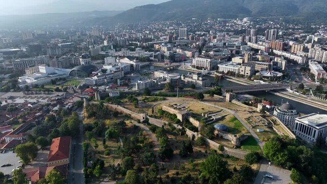 Skopje, Republic of North Macedonia. Aerial shot of the Fortress in the morning.