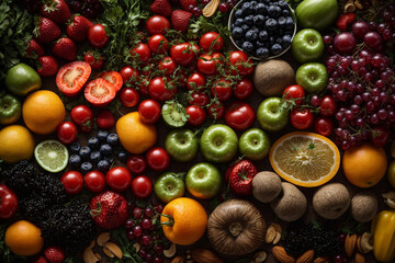 Naklejka na ściany i meble Mixed fresh fruits (strawberry, raspberry, blueberry, kiwi, mango) in a bowl, placed on table