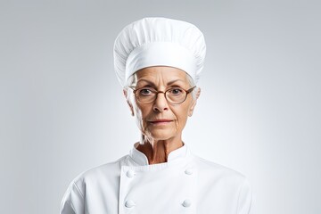 Portrait of a smiling senior female chef and cook on gray background.