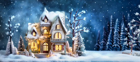 A small fairy tale cottage in a winter snow covered forest, Christmas background with Miniature paper house