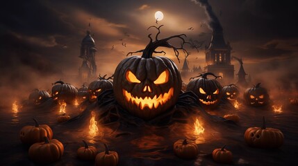 Ein gespenstischer gruseliger Halloween Kürbis mit geschnitztem Gesicht in der Nacht.
