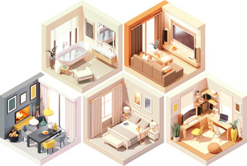 Vector isometric home rooms set. Rooms cross-sections. Bedroom, living room, kitchen, home office, dining room. Furniture and decoration - 658955255