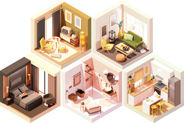 Vector isometric home rooms set. Rooms cross-sections. Bedroom, living room, kitchen, home office, dining room. Furniture and decoration - 658955257