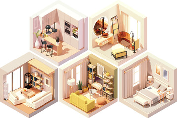 Vector isometric home rooms set. Rooms cross-sections. Bedroom, living room, kitchen, home office, dining room. Furniture and decoration