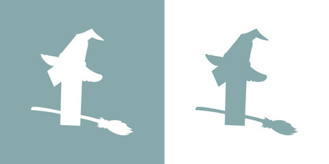 Icono cifra número 1 con silueta de sombrero de bruja volando en escoba. Logo para su uso en invitaciones y tarjetas de Halloween © teracreonte