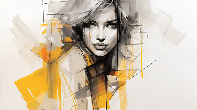Beautiful Women Face Portrait in Straight Black And Yellow Lines In The Style of Architects Sketches