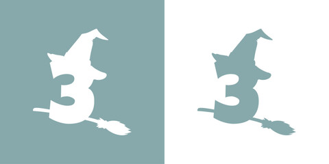 Icono cifra número 3 con silueta de sombrero de bruja volando en escoba. Logo para su uso en invitaciones y tarjetas de Halloween - obrazy, fototapety, plakaty