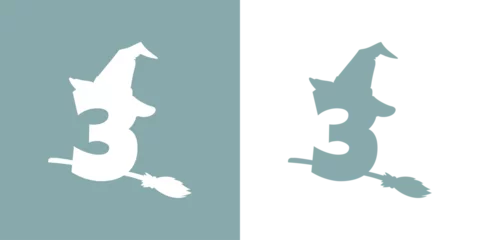 Fotobehang Icono cifra número 3 con silueta de sombrero de bruja volando en escoba. Logo para su uso en invitaciones y tarjetas de Halloween © teracreonte