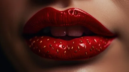 Foto op Aluminium Deep Red Lipstick on Beautiful Girl Shiny Red Lips Close-Up Macro Photograph Selective Focus © BlueMistFilmStudios