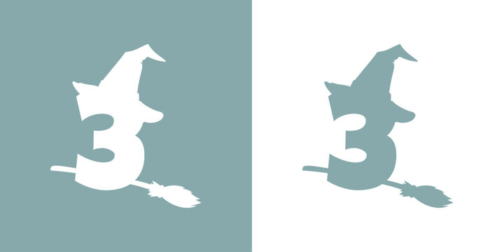 Icono cifra número 3 con silueta de sombrero de bruja volando en escoba. Logo para su uso en invitaciones y tarjetas de Halloween
