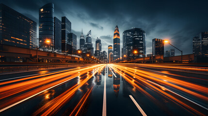 Fototapeta premium Long exposure of evening rush hour with cars racing in and out of Downtown. The light trails on the modern building background