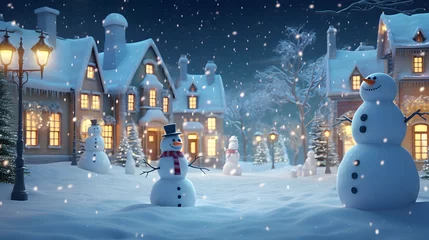 Poster Snowman in village at christmas night. 3D illustration. Winter background. Merry Christmas and New Year concept. © mandu77