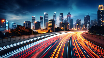 Long exposure of evening rush hour with cars racing in and out of Downtown. The light trails on the modern building background