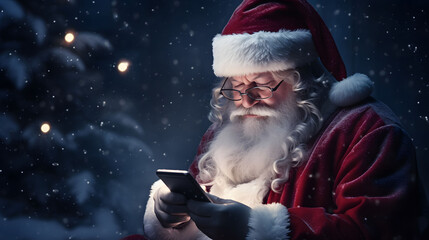 Santa Claus using his mobile phone in the snowy forest at night.