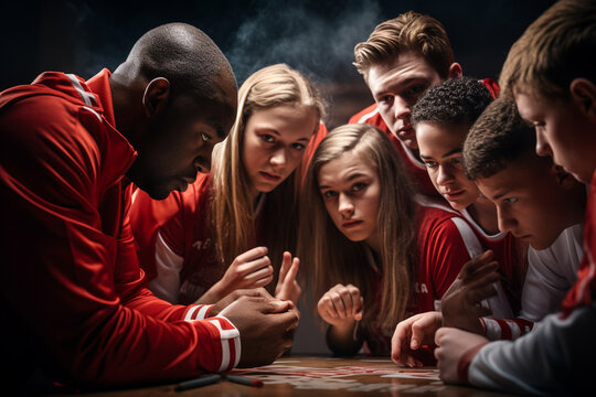 Sports Team Huddle Photo With Athletes And Coaches Discussing Their Strategic Game Plan Before A Match. Photo