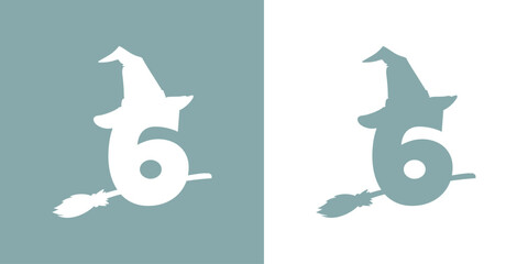 Icono cifra número 6 con silueta de sombrero de bruja volando en escoba. Logo para su uso en invitaciones y tarjetas de Halloween © teracreonte