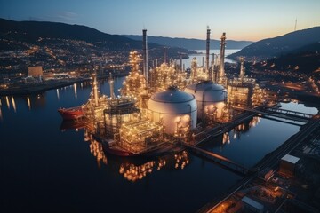 Close up details of industrial oil refinery plant. Dusk view of petroleum manufacturing facility - obrazy, fototapety, plakaty