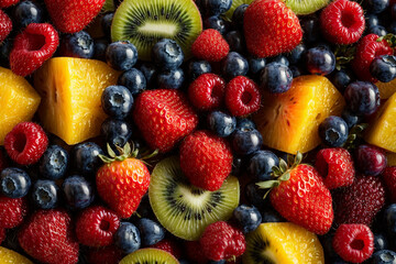 Obraz premium Mixed fresh fruits (strawberry, raspberry, blueberry, kiwi, mango) in a bowl, placed on table