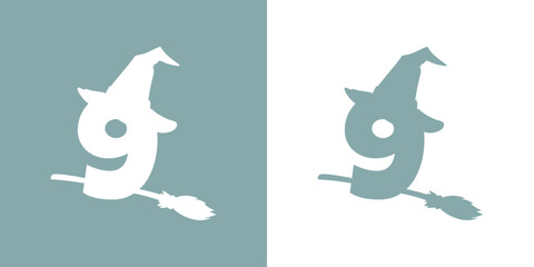 Icono cifra número 9 con silueta de sombrero de bruja volando en escoba. Logo para su uso en invitaciones y tarjetas de Halloween © teracreonte