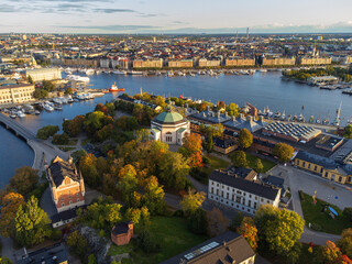 Stockholm, Sweden. High angle view of the island of Skeppsholmen in central stockholm, with autumn colours.