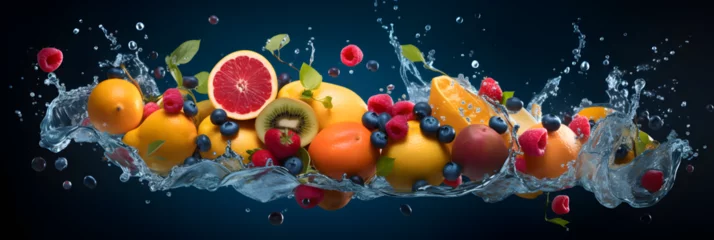 Fotobehang bannière web format panoramique remplie de fruits frais entiers et coupés en rondelles © Fox_Dsign
