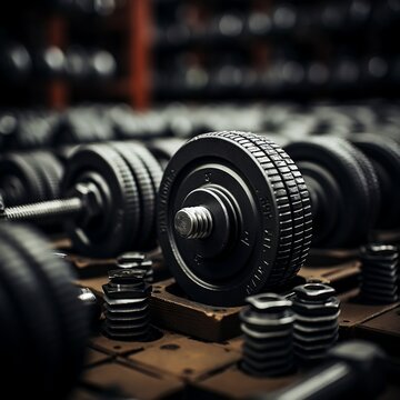 Black and white photograph of heavy dumbbells