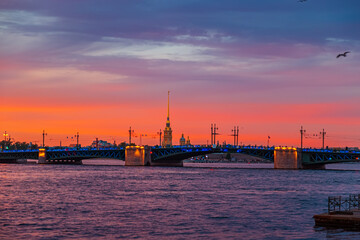 Palace Bridge and Peter and Paul Cathedral in St. Petersburg on a white night.