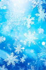 Fototapeta na wymiar A group of snowflakes sitting on top of a snow. Blue background.Generative AI