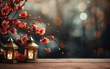 Fotobehang Chinese lanterns and sakura blossoms. © Mynn Shariff