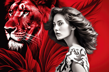 B&W portrait of a woman with hair against Red backdrop with close up of the lion
