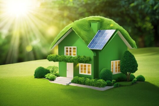 Presents a conceptual representation of a green home and eco-friendly construction. The image includes an icon of a house situated on a lush green lawn with the sun shining over it. Generative AI