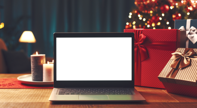 Laptop with blank screen, gifts and Christmas tree
