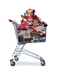 Shopping cart full of Christmas gifts