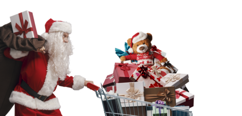Santa Claus pushing a shopping cart full of gifts