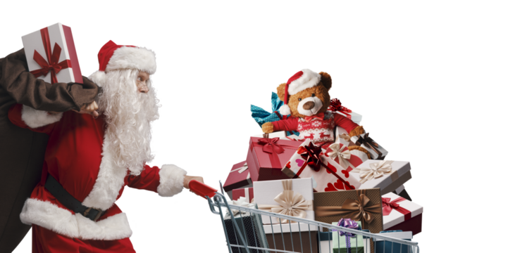 Santa Claus pushing a shopping cart full of gifts