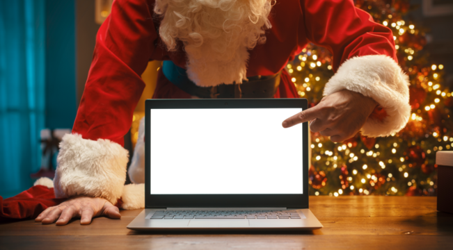 Santa Claus pointing at the laptop screen