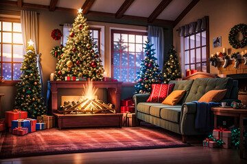 Fototapeta na wymiar The living room with christmas decorations. Sofa, christmas tree, fireplace and red carpet with copy space area.