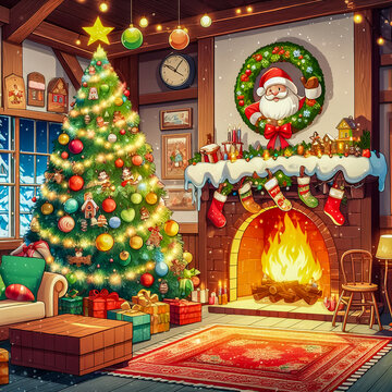 Modern decoration of christmas theme room, sofa, fire, coffee table, christmas tree and picture santa. Cartoon style.