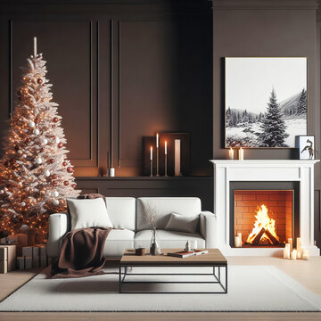 Modern decoration of christmas theme on living room with brown and white color, sofa, fire, coffee table, christmas tree.  Cooy space area.