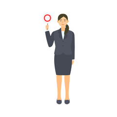 Fototapeta na wymiar 丸の書かれたプラカードを持つ女性会社員。フラットなベクターイラスト。 A female office worker holding a placard with a circle on it. Flat designed vector illustration.