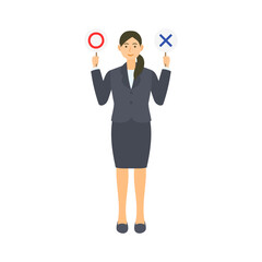 丸とバツのプラカードを持つ女性会社員。フラットなベクターイラスト。
A female office worker holding a placard with a circle and a cross on it. Flat designed vector illustration.