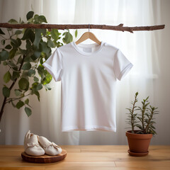 White blank baby t-shirt mockup in interior. Soft beige interior for baby - obrazy, fototapety, plakaty