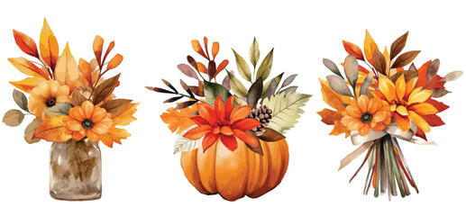 Fototapeta premium Set of hand-drawn cartoon bouquets with flowers and autumn leaves. Pretty floral illustrations for teachers day, harvest, thanksgiving day, september 1. Bouquets in pumpkin, jar or vase, ribbon.