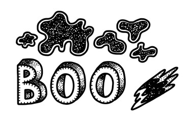 BOO lettering on Halloween. Cute vector illustration in doodle style