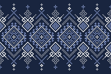 Indigo navy blue geometric traditional ethnic pattern Ikat seamless pattern border abstract design for fabric print cloth dress carpet curtains and sarong Aztec African Indian Indonesian