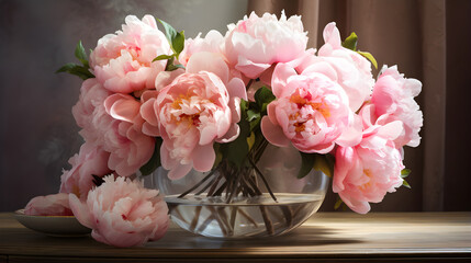 Beautiful peonies in a glass vase on a table