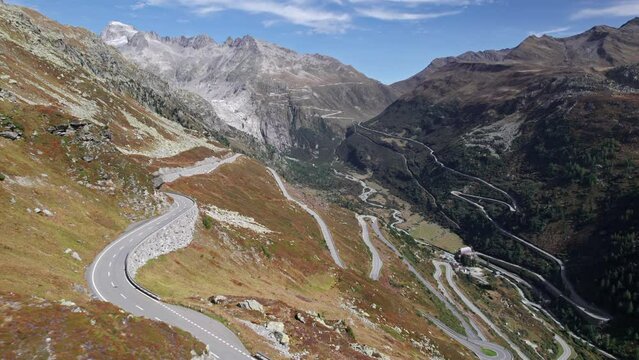 Aerial view of Grimsel Pass and Furka Pass road, Switzerland.