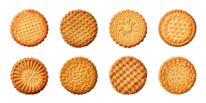 Tasty round biscuit collection isolated on a transparent background