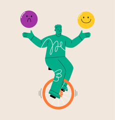 Emotion balance concept. Man on unicycle. Colorful vector illustration